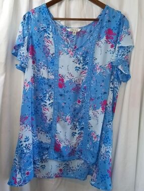 XXL Plus Pioneer Woman Blue Floral Lace-Trim Tunic Flowy Summer Vacation Pink